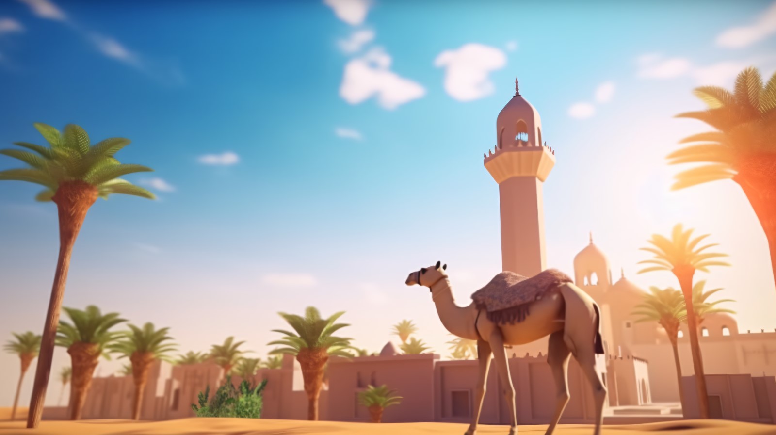 Camel on desert with mosque and palm tree sunny day 19