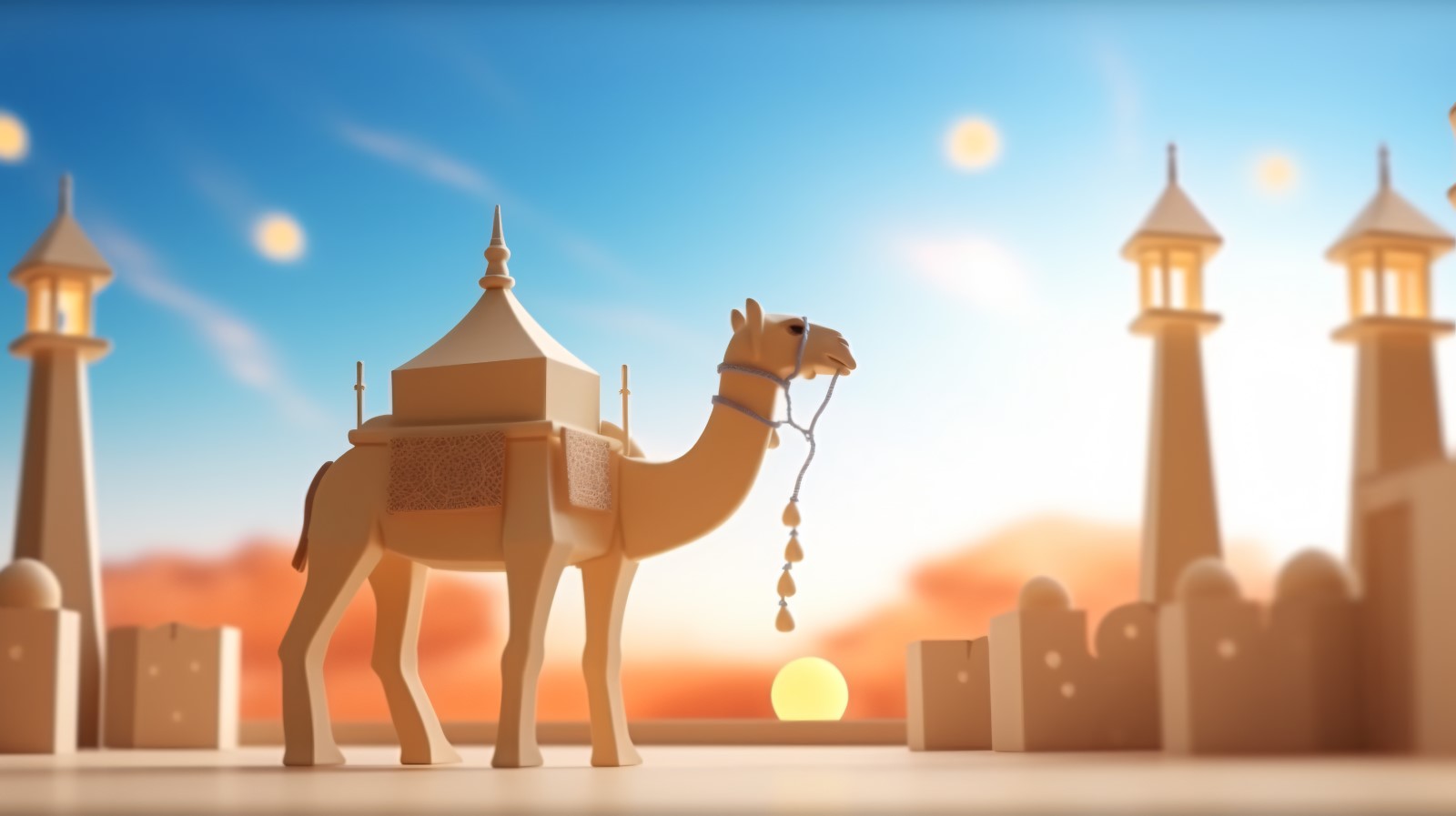 Camel on desert with mosque and palm tree sunny day 20