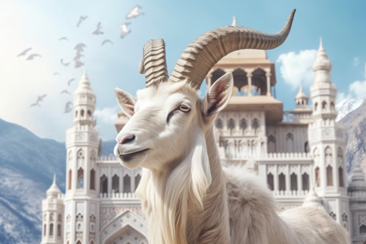 A goat in front of a Islamic mosque and mountains background 01