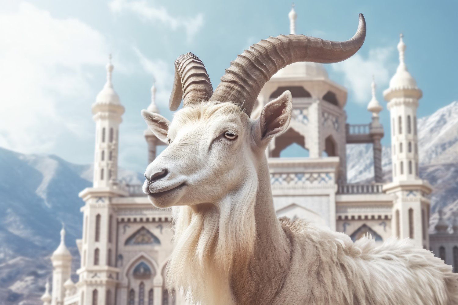 A goat in front of a Islamic mosque and mountains background 02