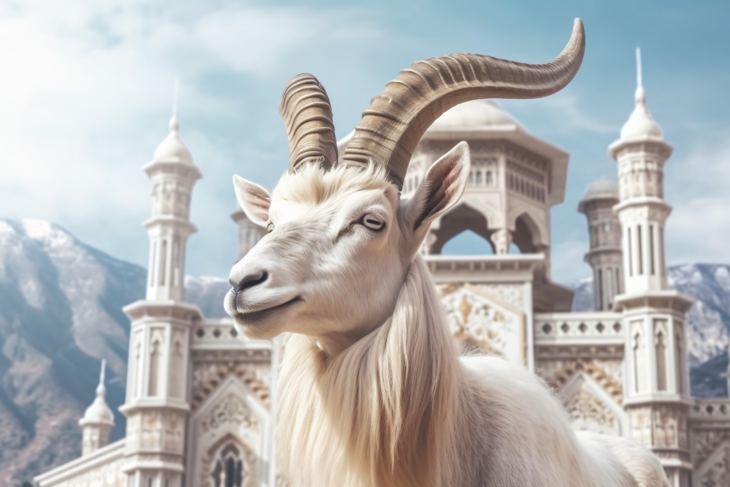 A goat in front of a Islamic mosque and mountains background 03