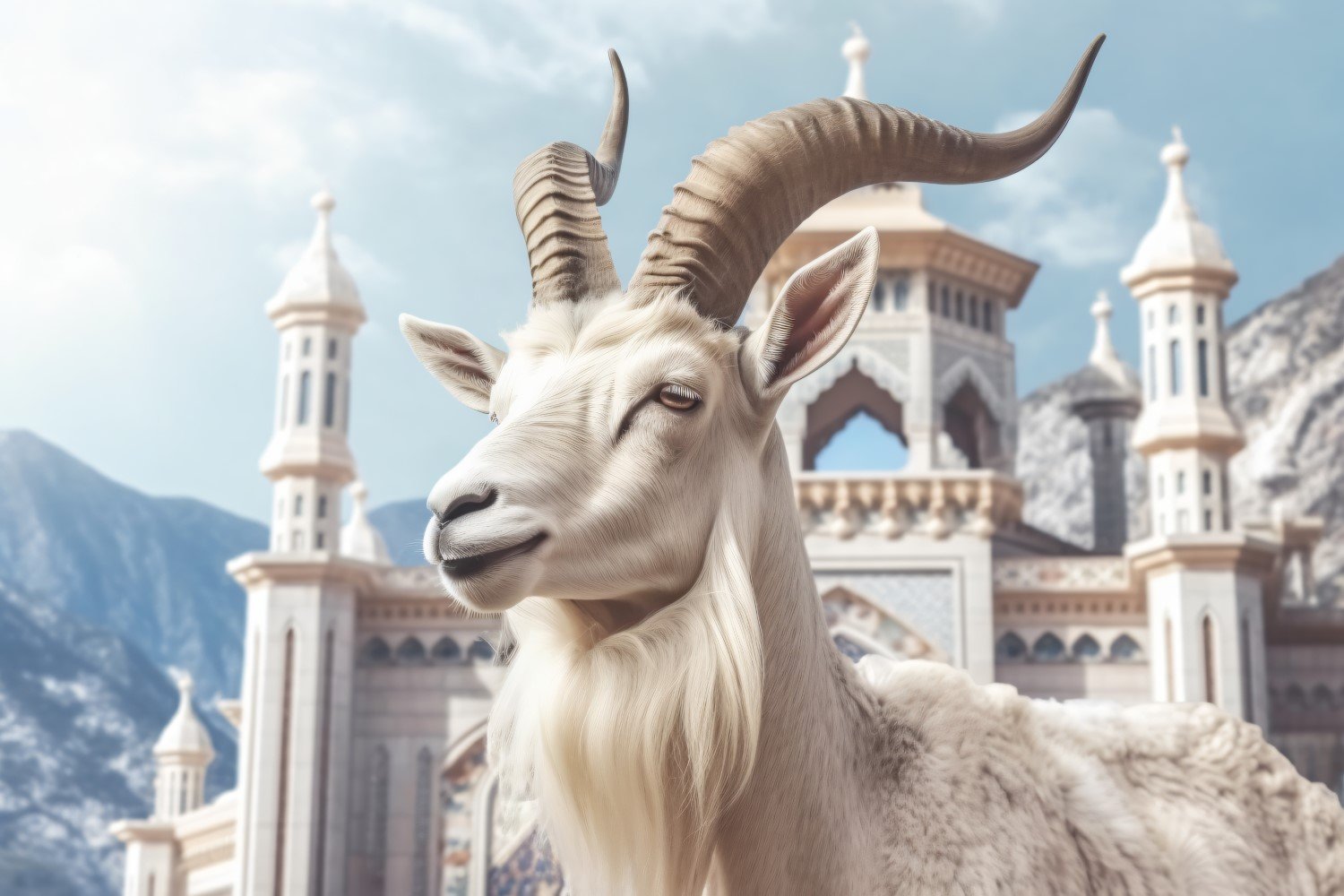 A goat in front of a Islamic mosque and mountains background 05