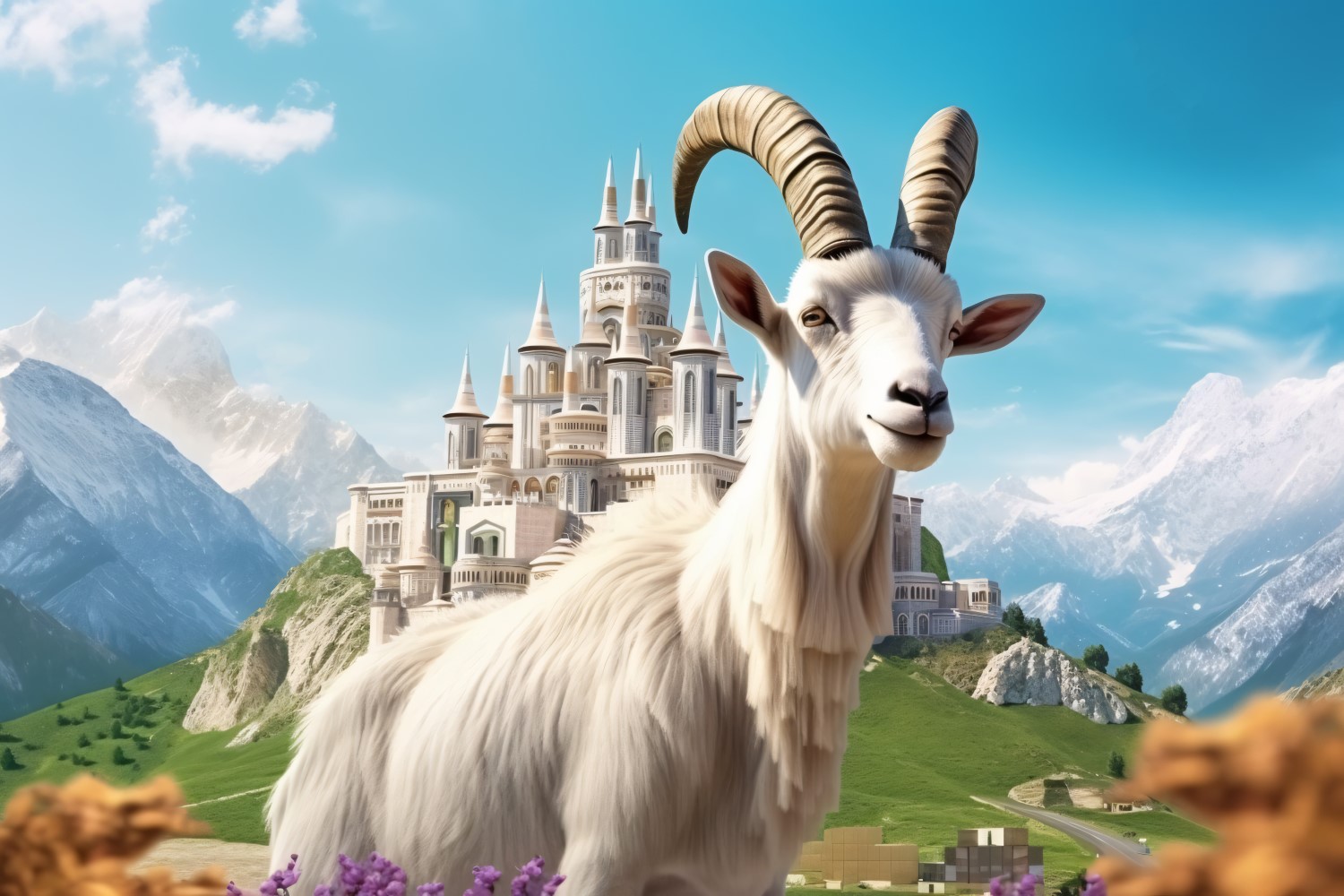 A goat in front of a Islamic mosque and mountains background 04