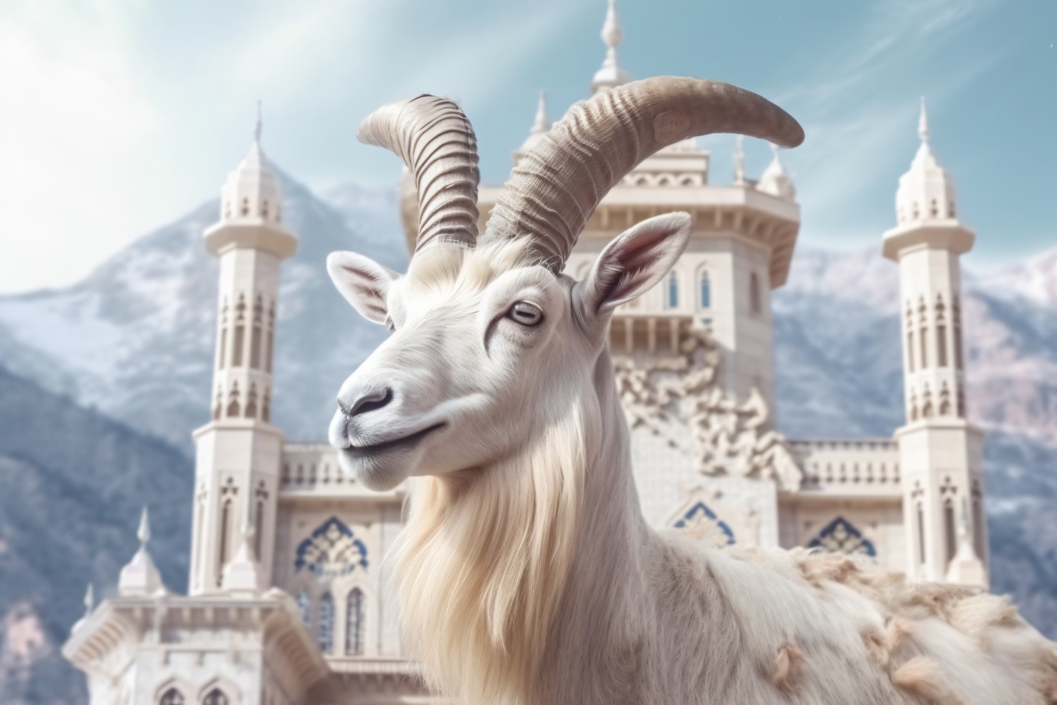 A goat in front of a Islamic mosque and mountains background 06