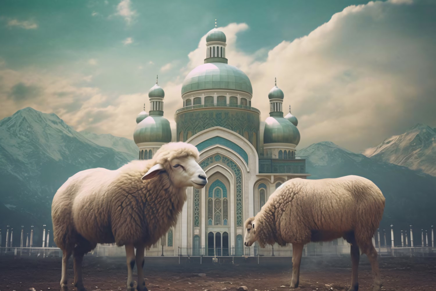 Sheep in front of mosque and mountains background 01