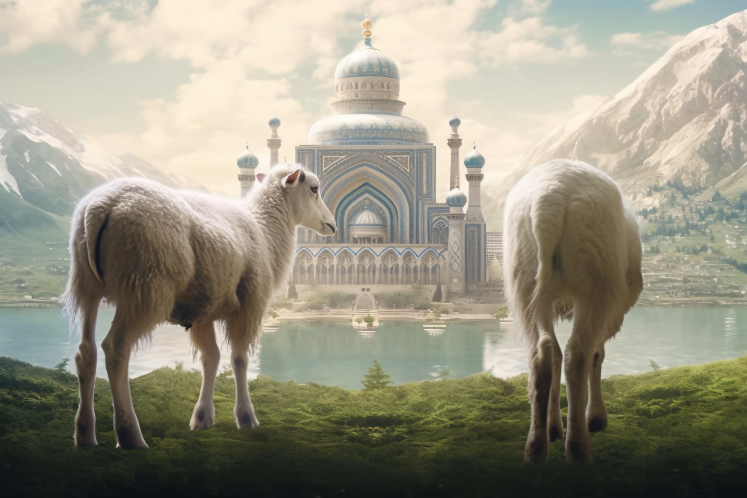 Sheep in front of mosque and mountains background 02