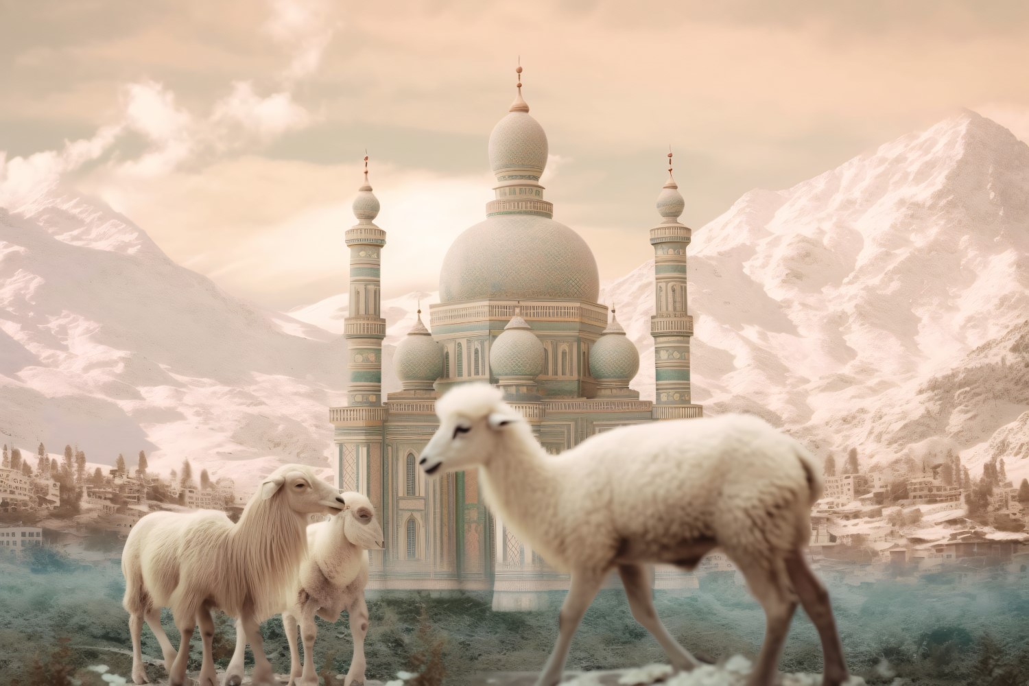 Sheep in front of mosque and mountains background 03