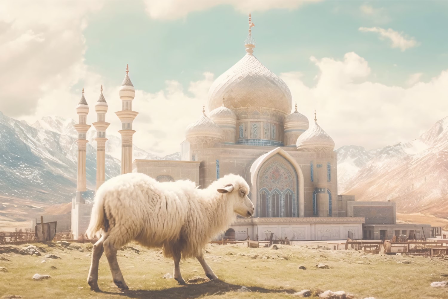 Sheep in front of mosque and mountains background 04