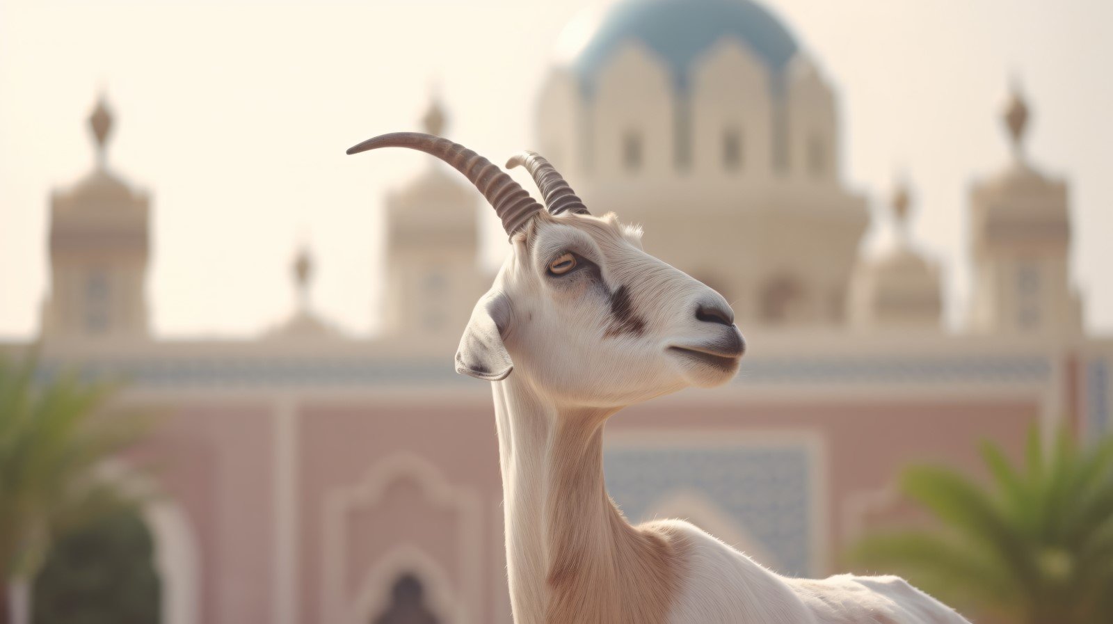 A goat in front of a Islamic mosque Background 01