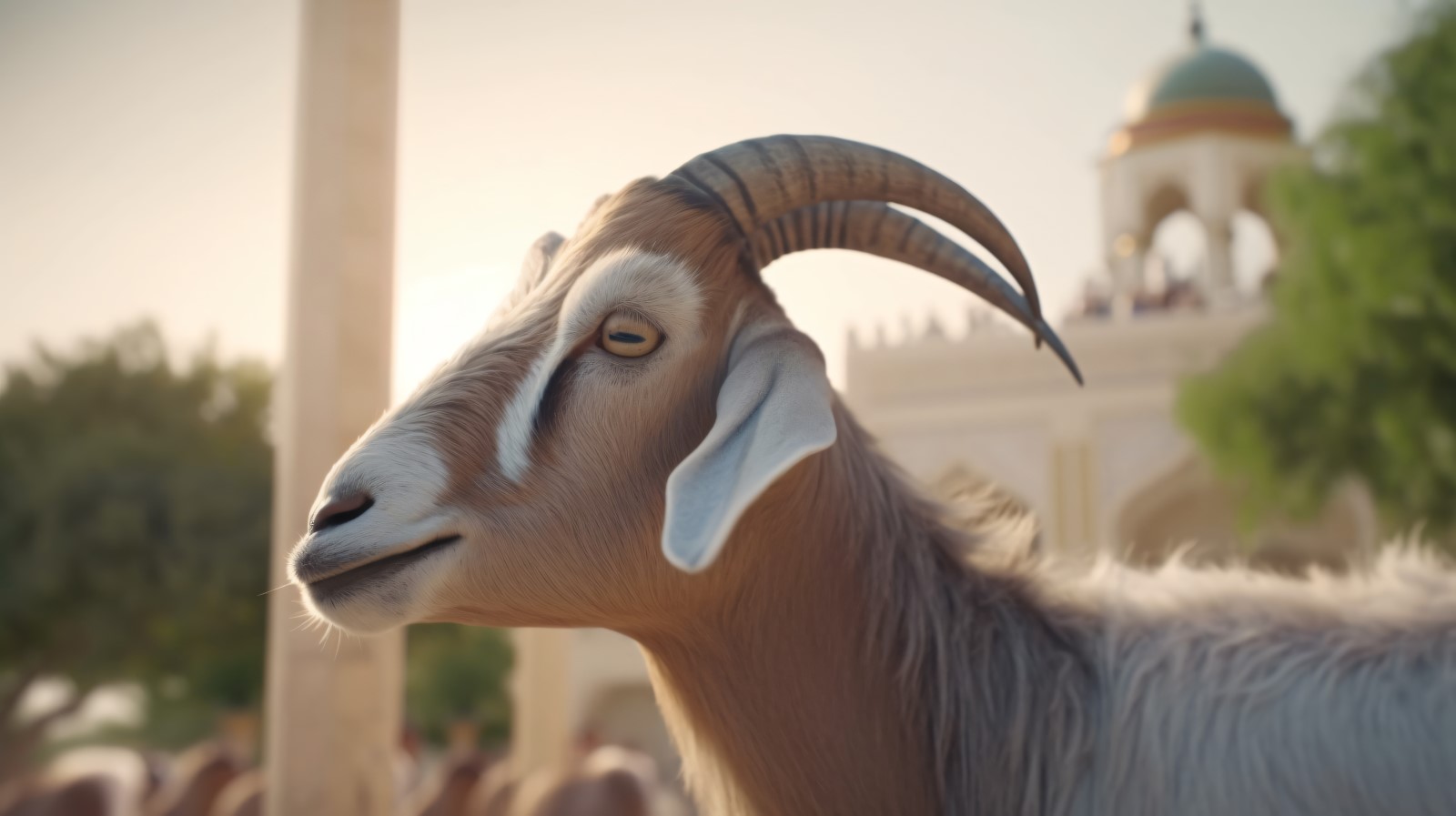 A goat in front of a Islamic mosque Background 02