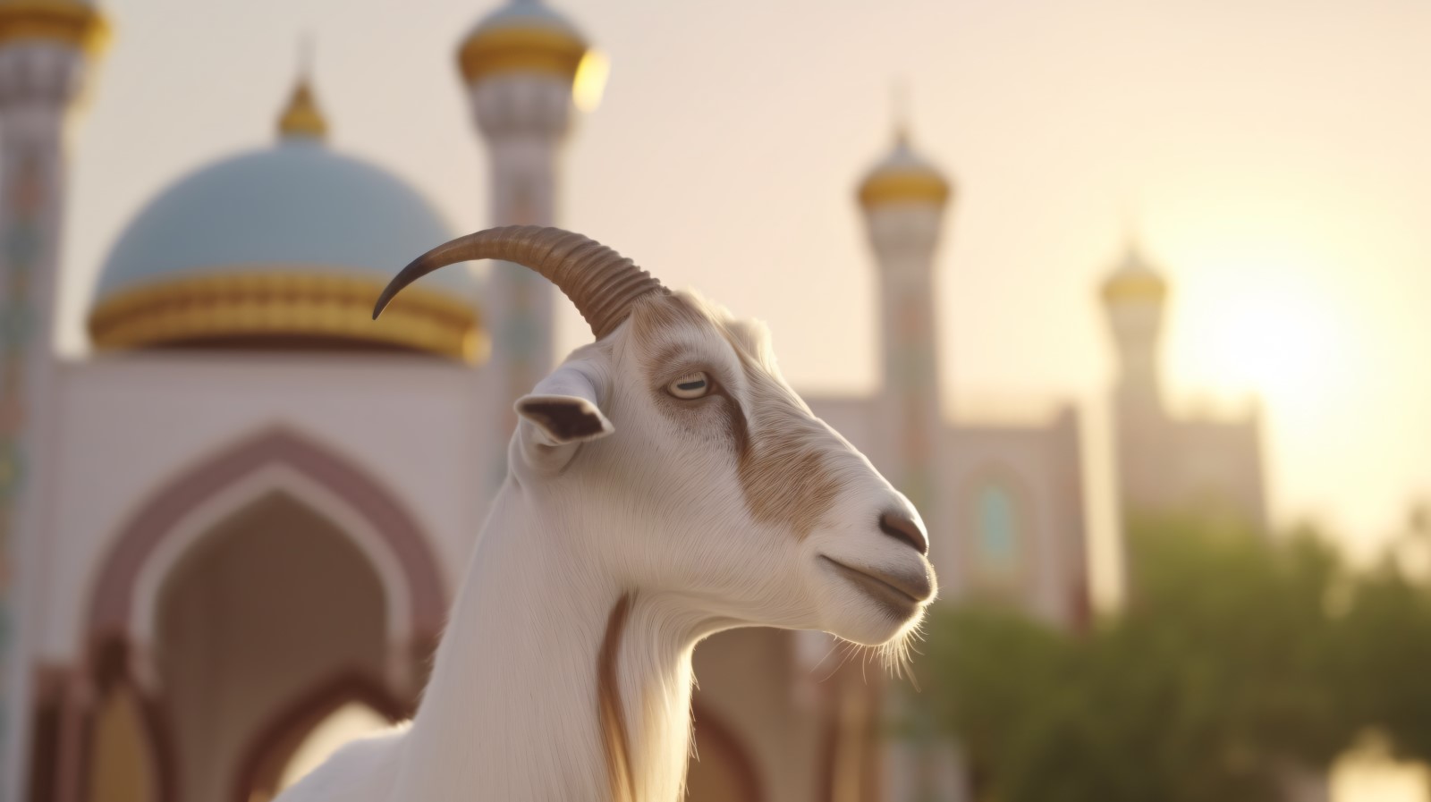 A goat in front of a Islamic mosque Background04