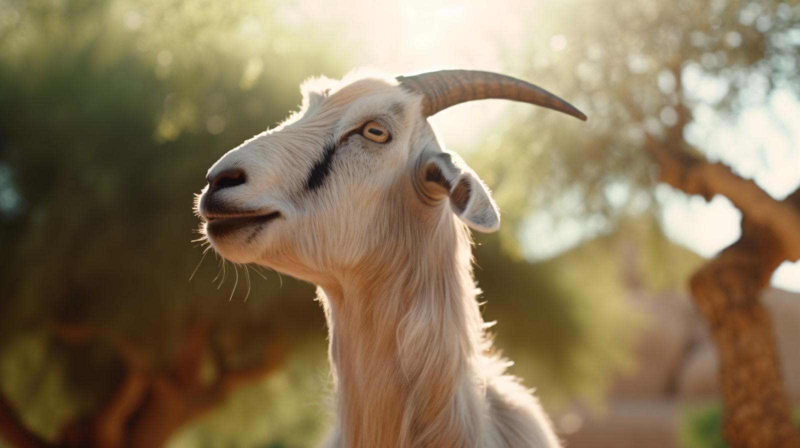 Close up of a beautiful goat with brown hair Eyes closed Trees in the desert 01