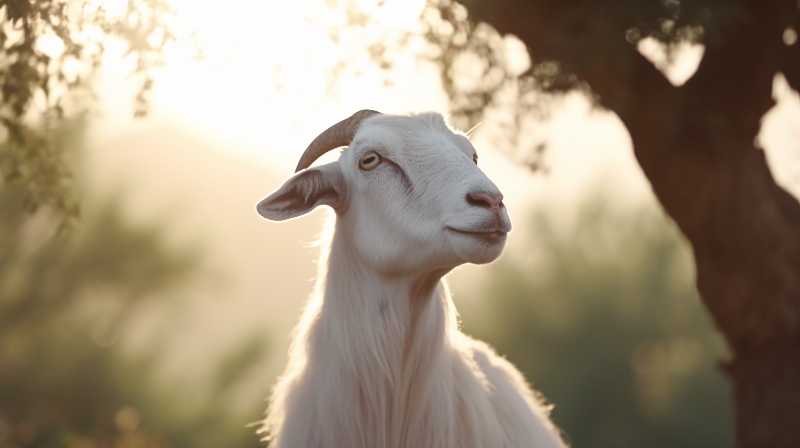 Close up of a beautiful goat with brown hair Eyes closed Trees in the desert 03