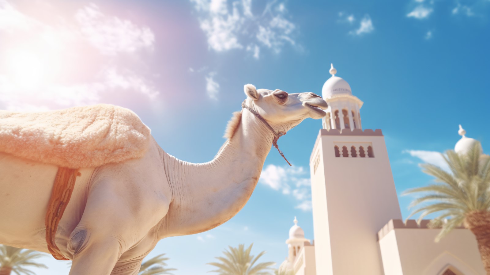 Camel on desert with mosque and palm tree sunny day 21