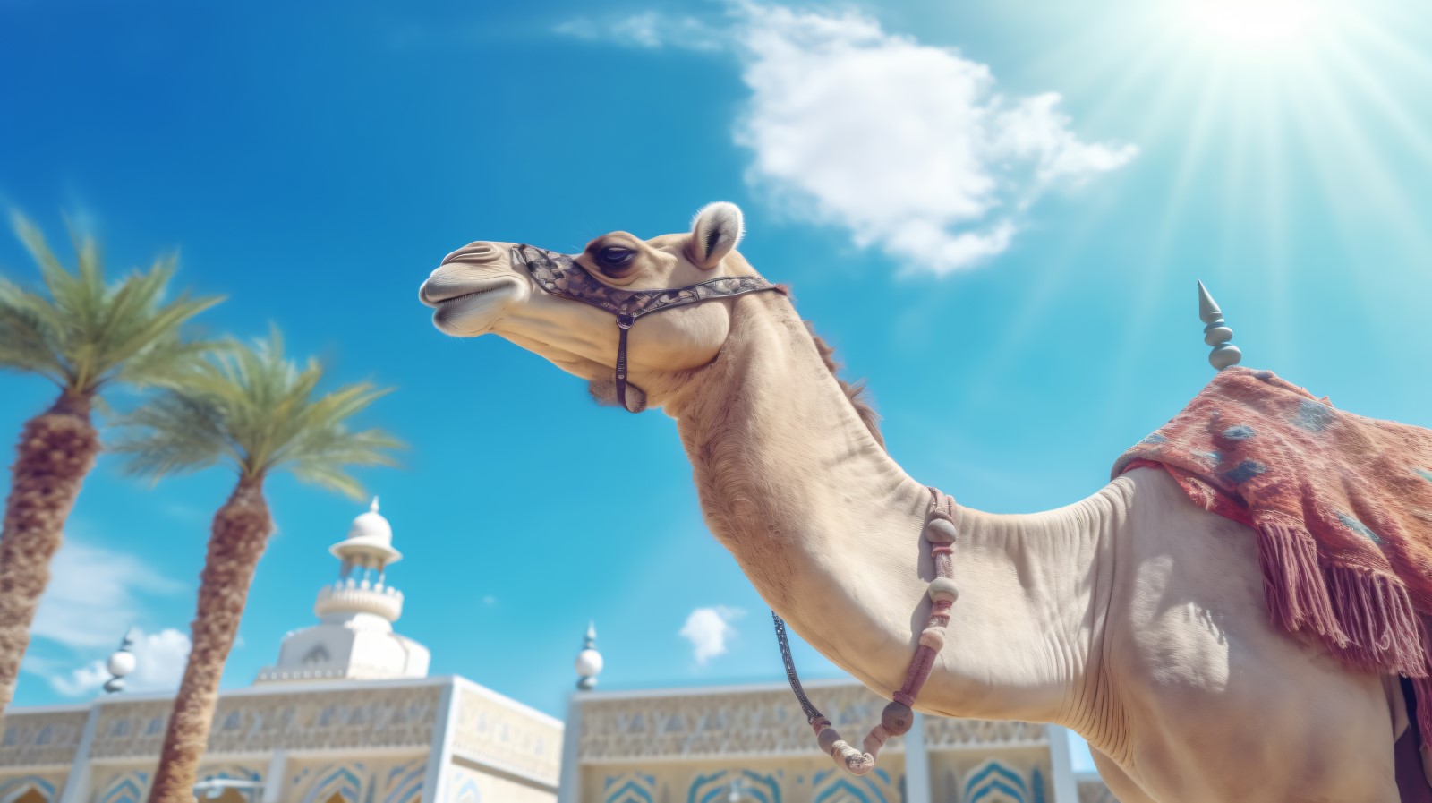 Camel on desert with mosque and palm tree sunny day 23