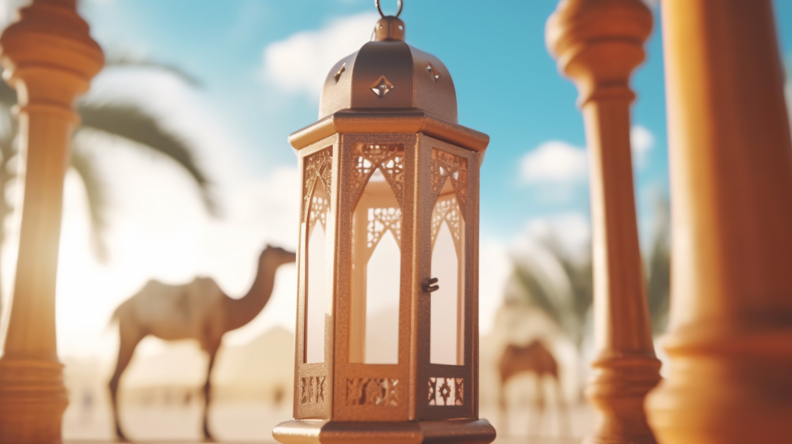 lantern Islamic art, Camel on desert with mosque 03