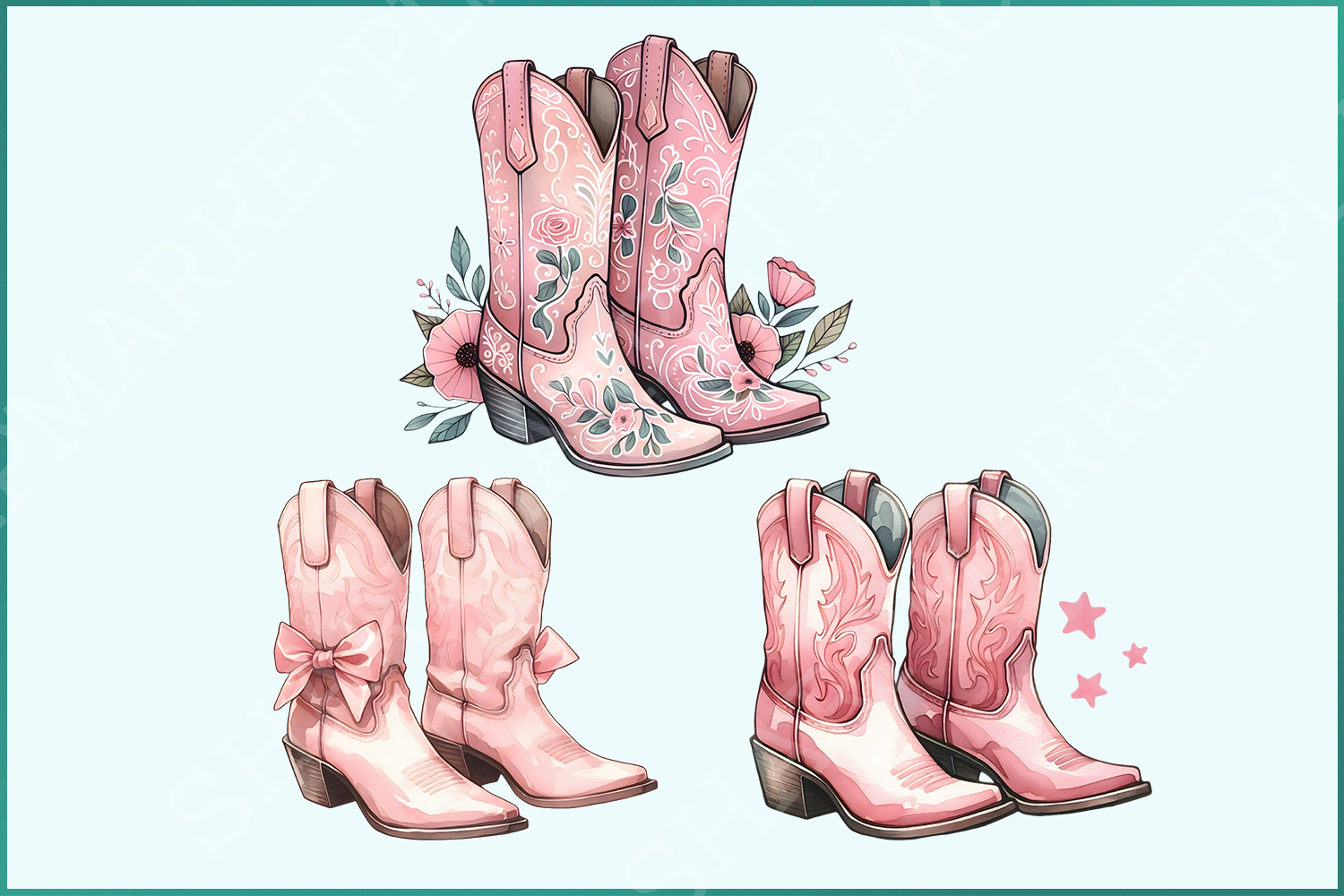 Coquette Cowgirl PNG Bundle: Pink Ribbon Tee, Cowgirl Boots, Pink Bow, Western Sublimations