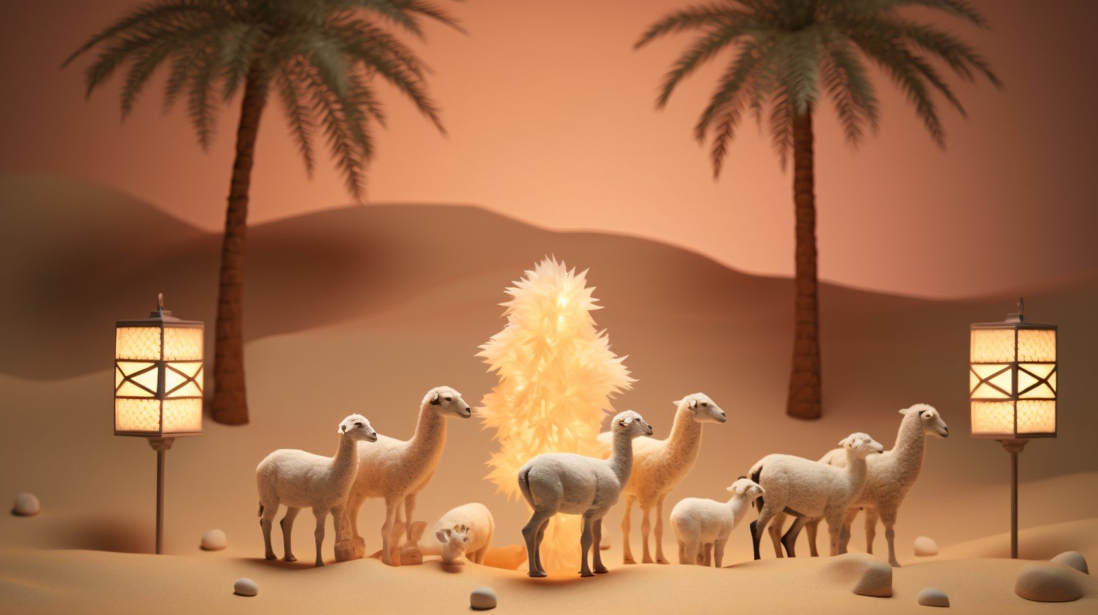 sheep on desert with lantern Islamic art in the background 01