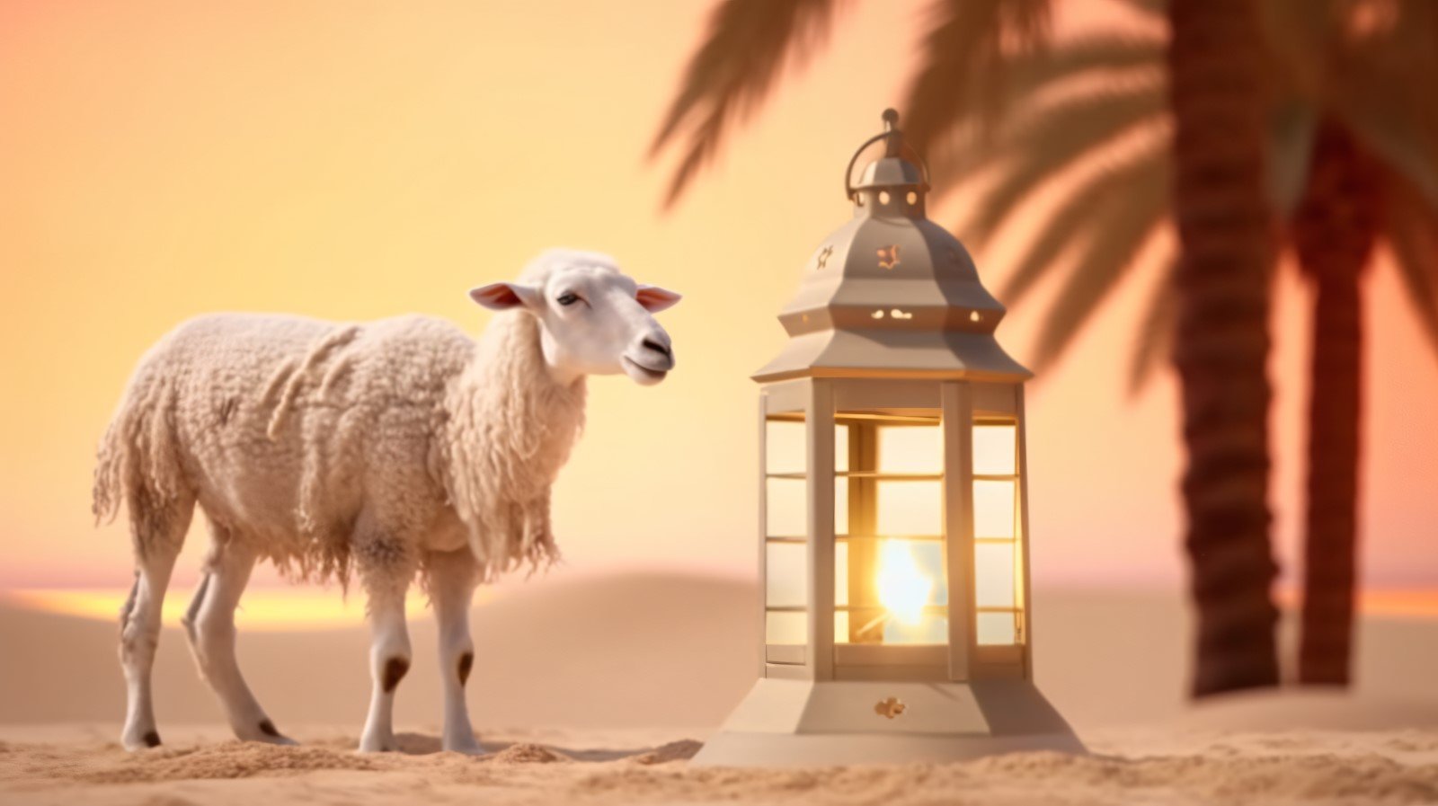 sheep on desert with lantern Islamic art in the background 02