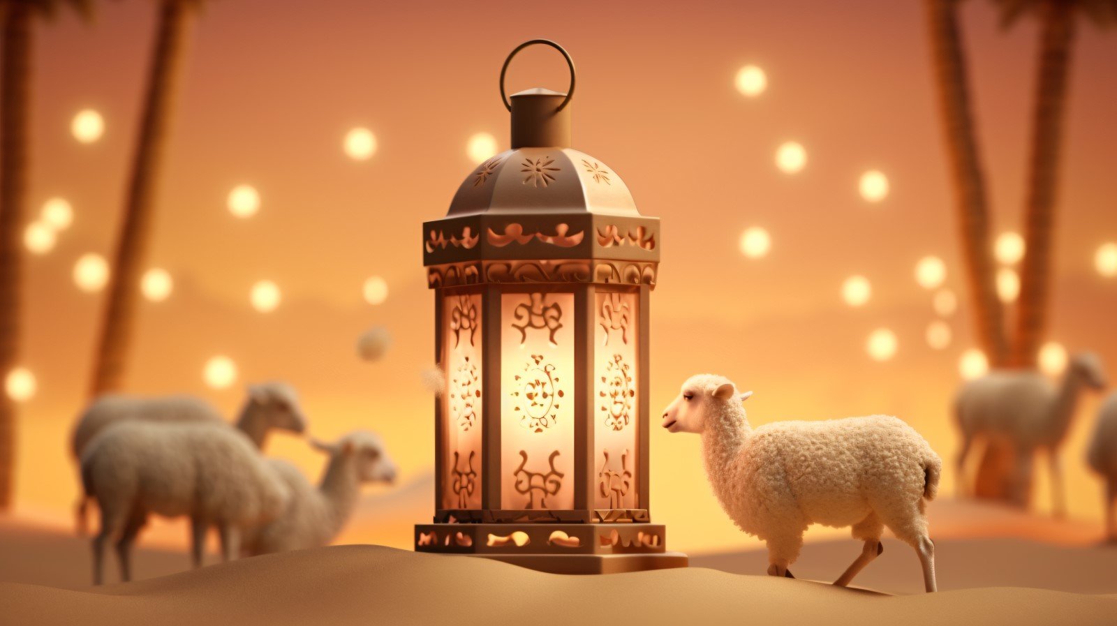 sheep on desert with lantern Islamic art in the background 07