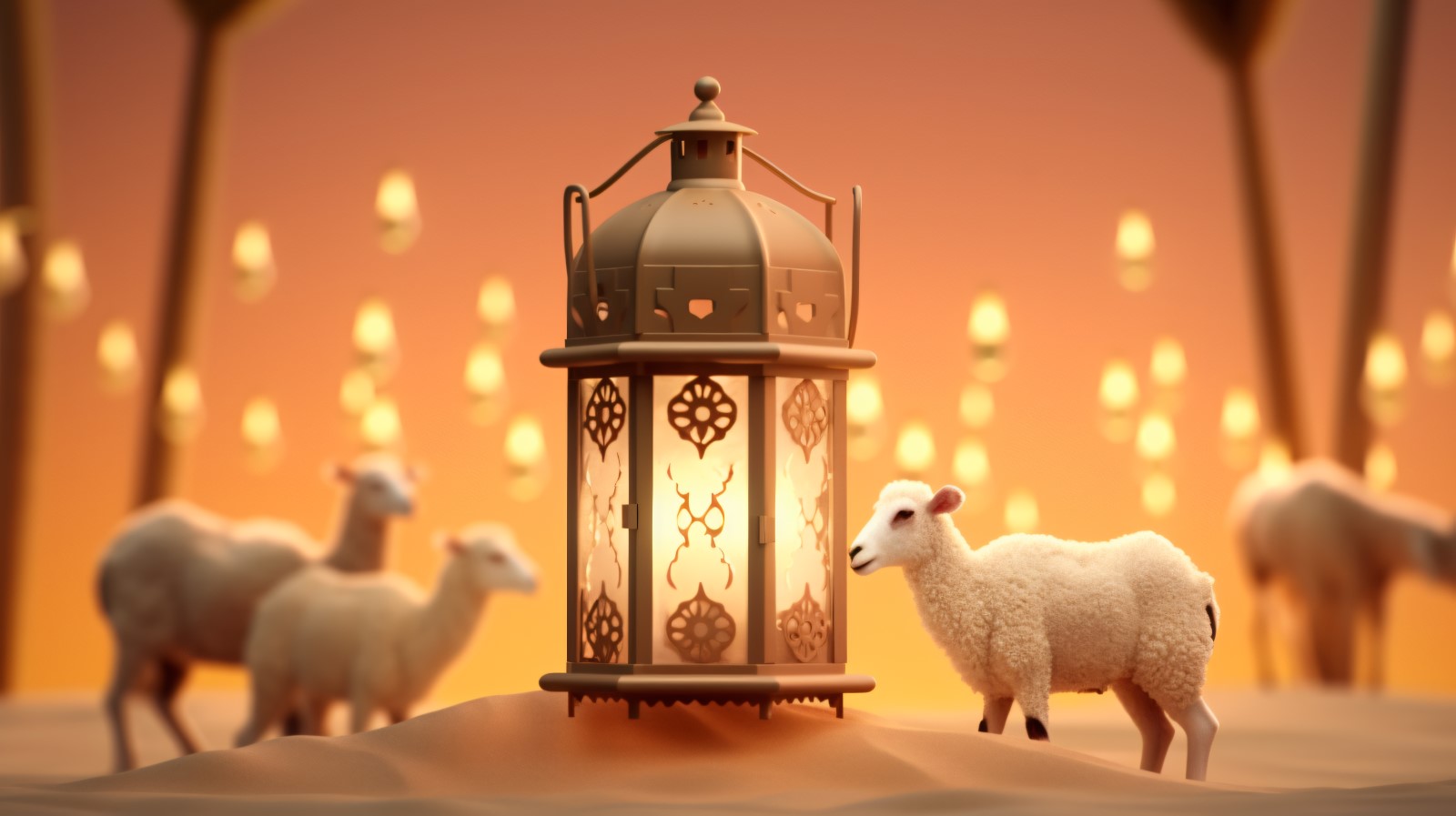 sheep on desert with lantern Islamic art in the background 09