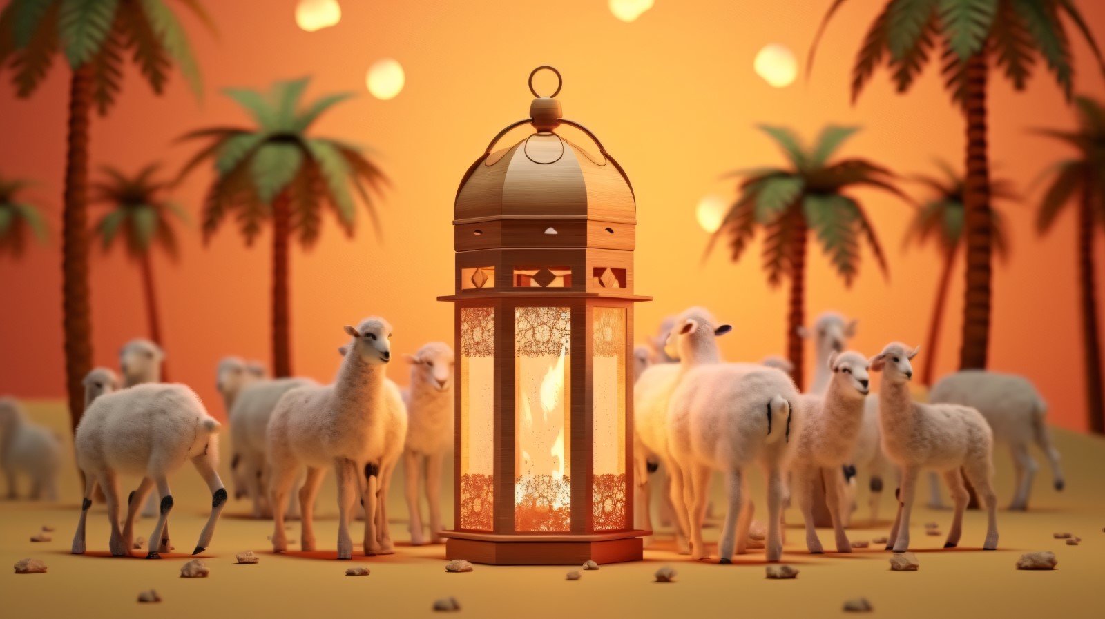 sheep on desert with lantern Islamic art in the background 11