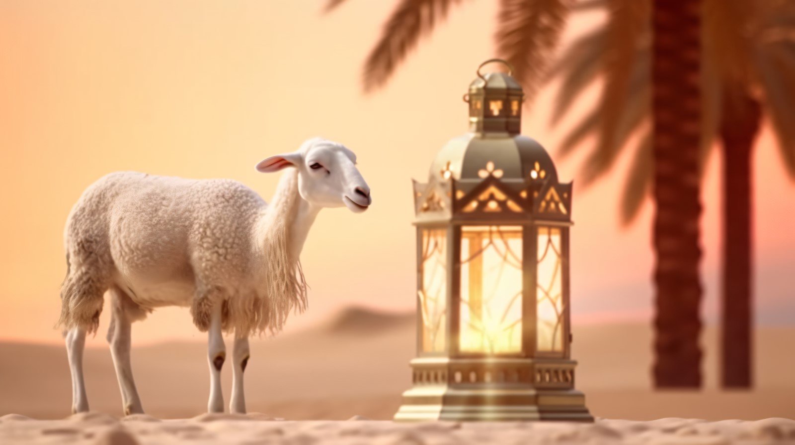 sheep on desert with lantern Islamic art in the background 03