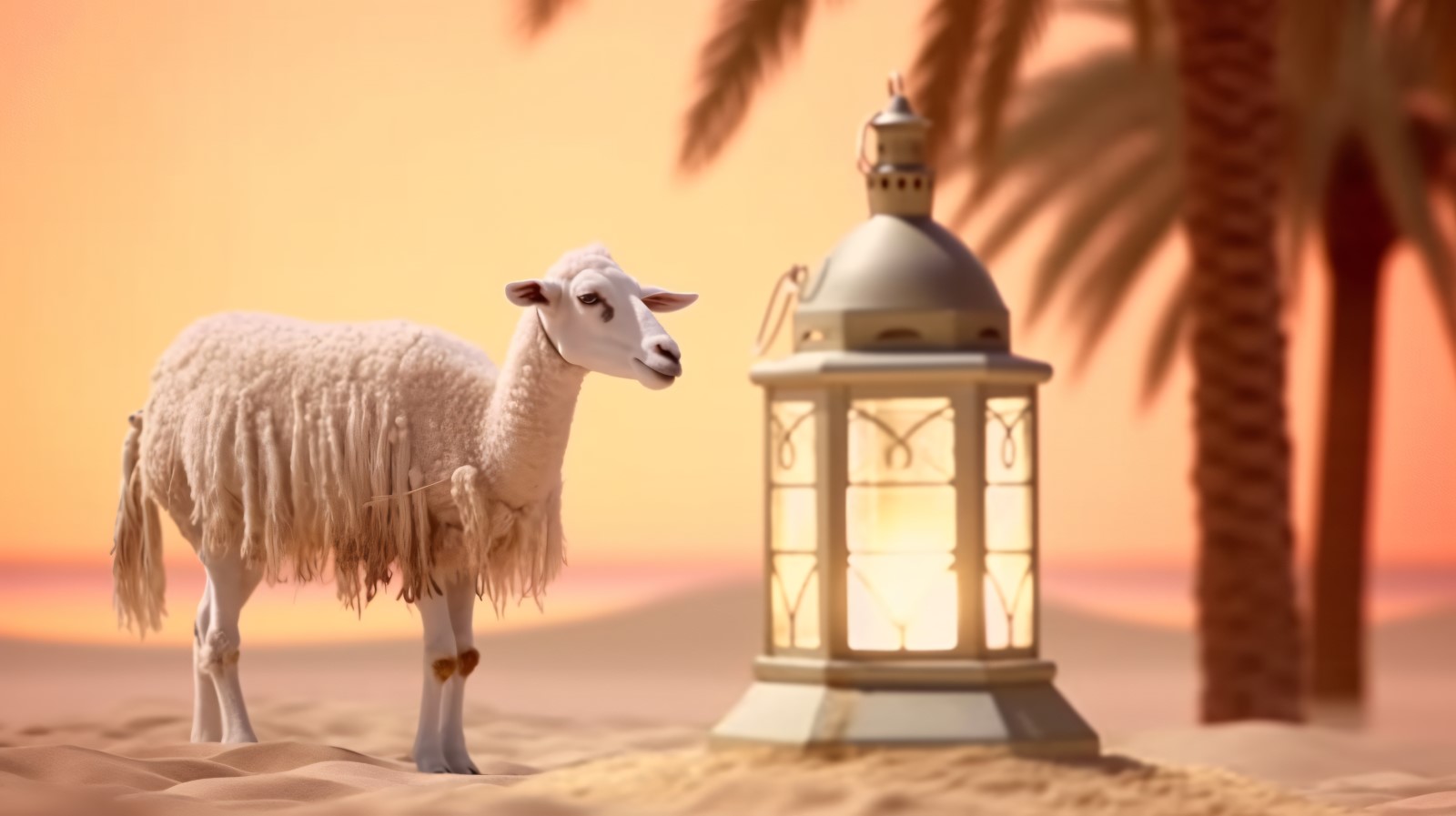 sheep on desert with lantern Islamic art in the background 04