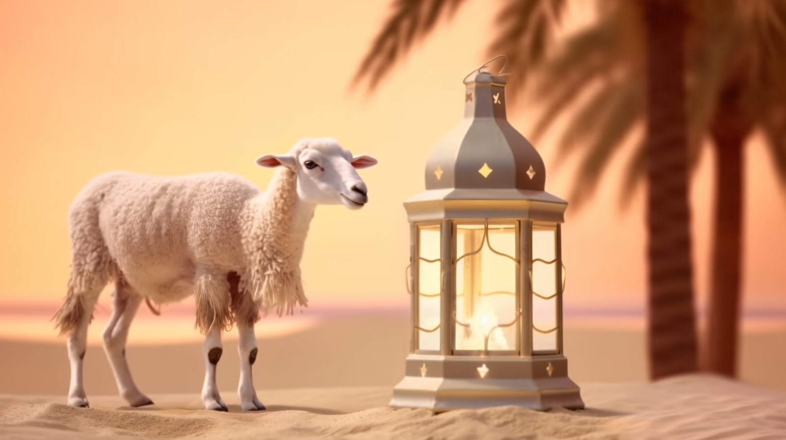 sheep on desert with lantern Islamic art in the background 10