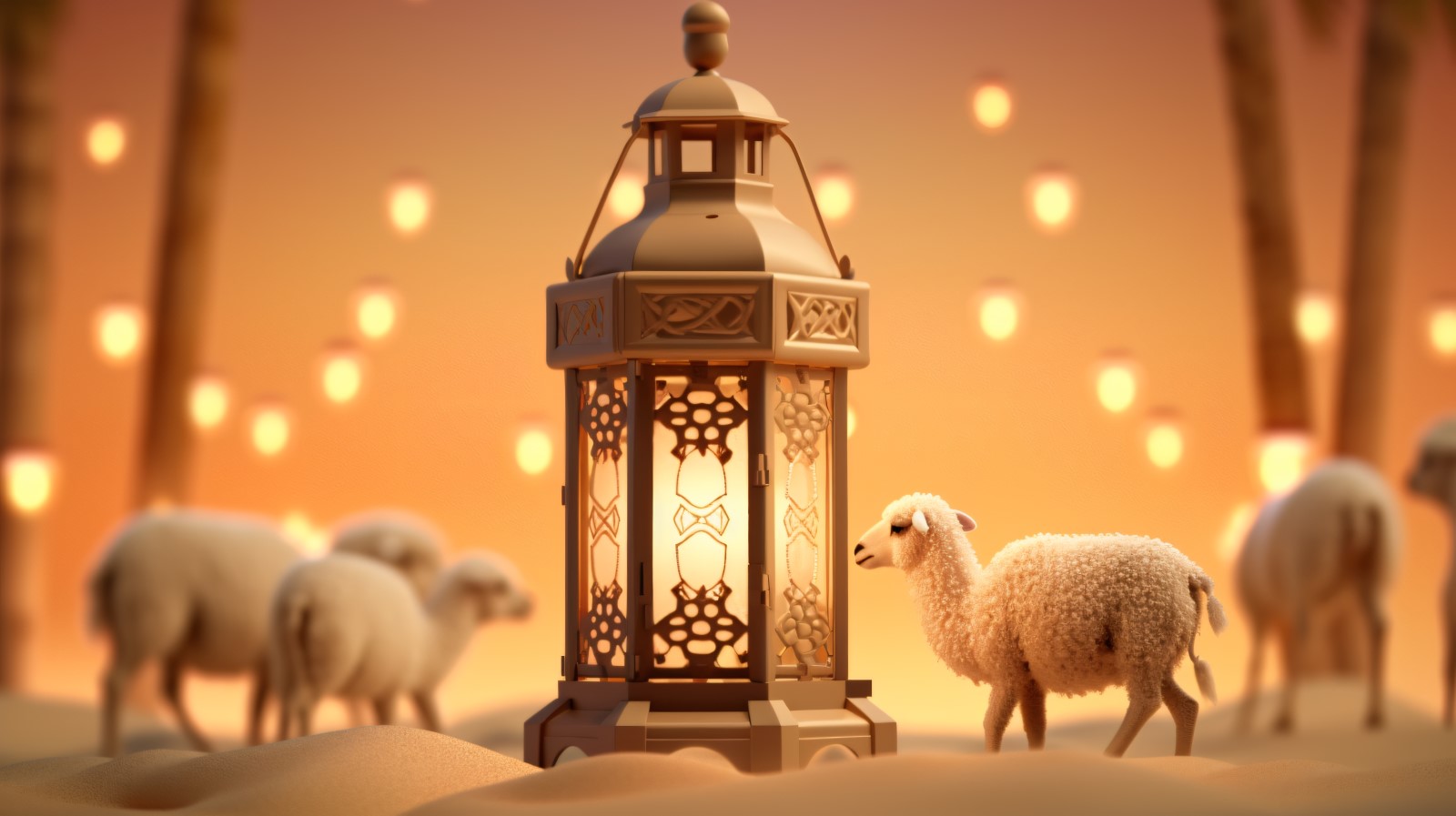 sheep on desert with lantern Islamic art in the background 06