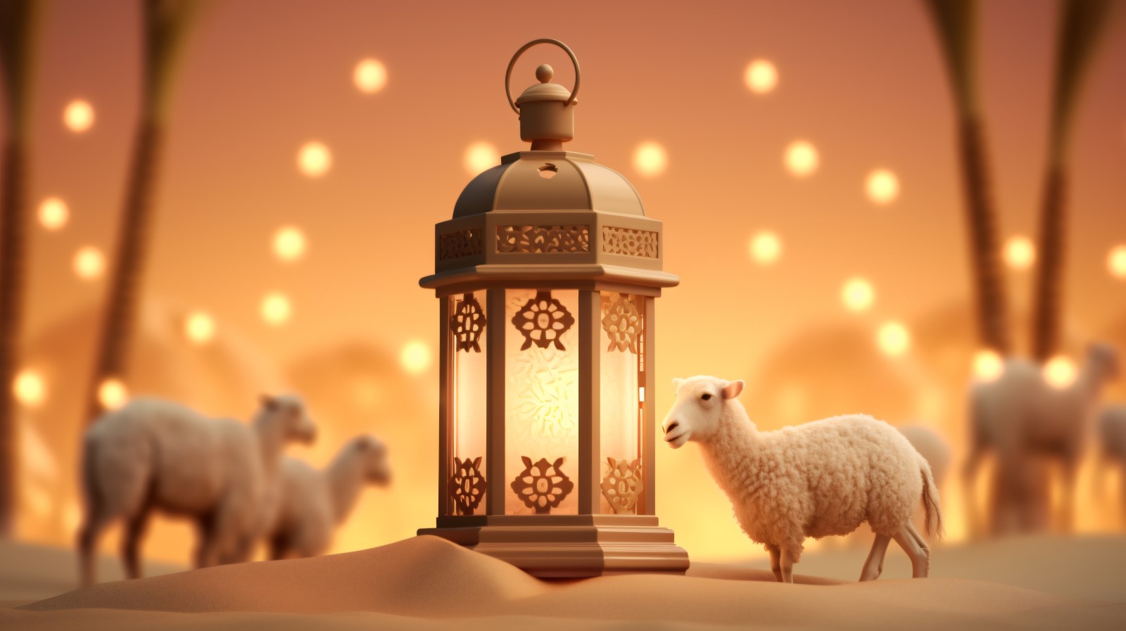 sheep on desert with lantern Islamic art in the background 12