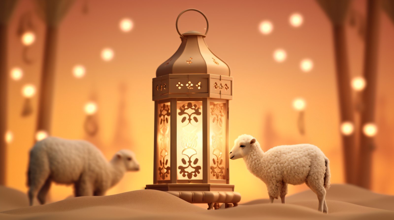 sheep on desert with lantern Islamic art in the background 05