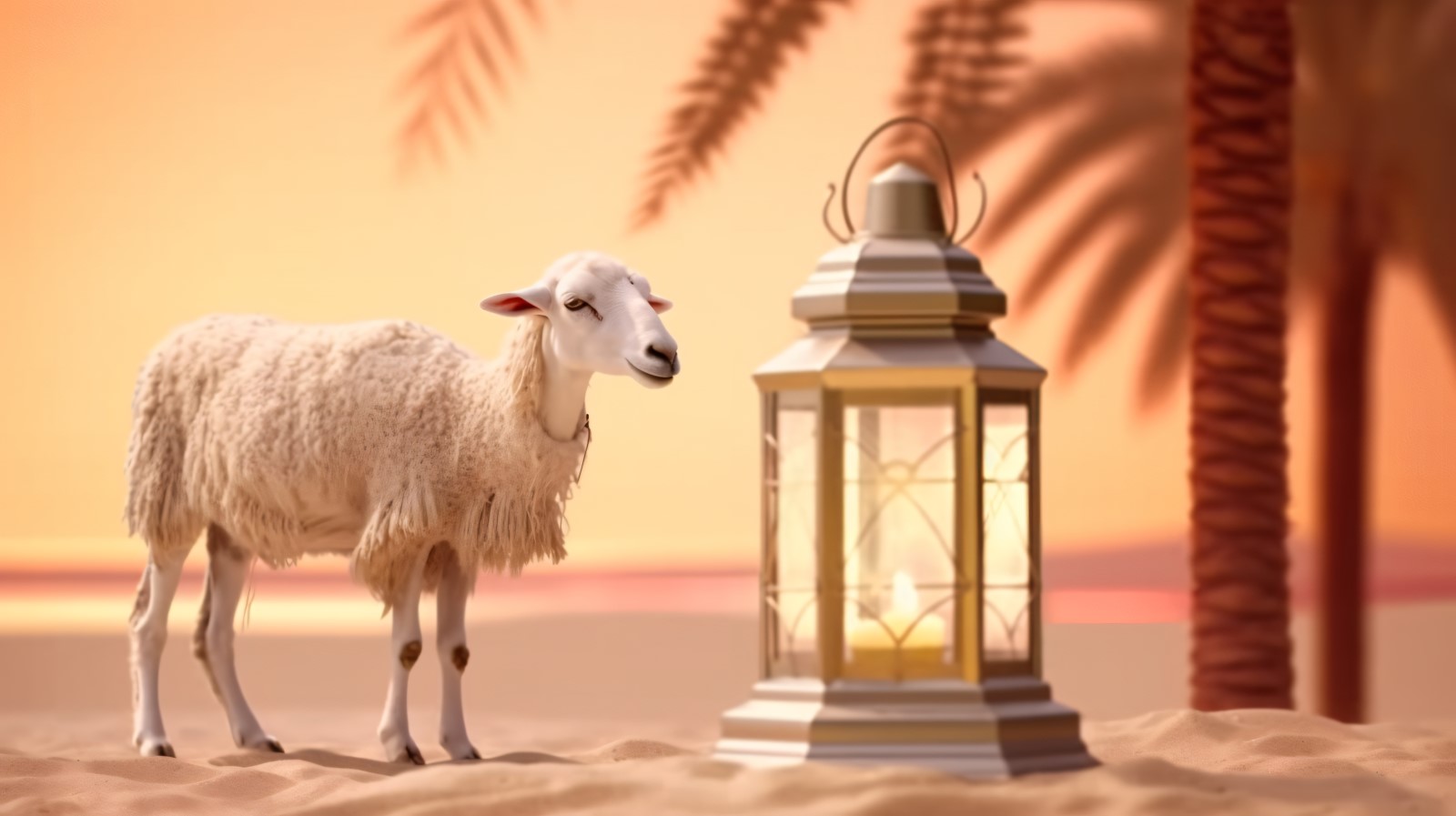 sheep on desert with lantern Islamic art in the background 08