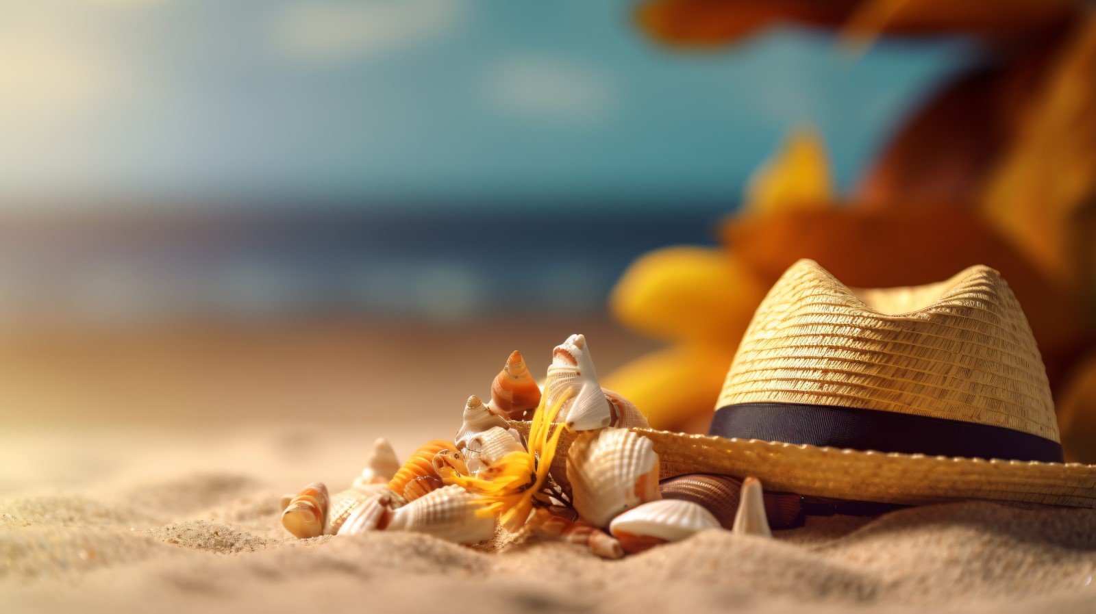 Summer hat sunglasses seashell and leaf on sandy beach 037