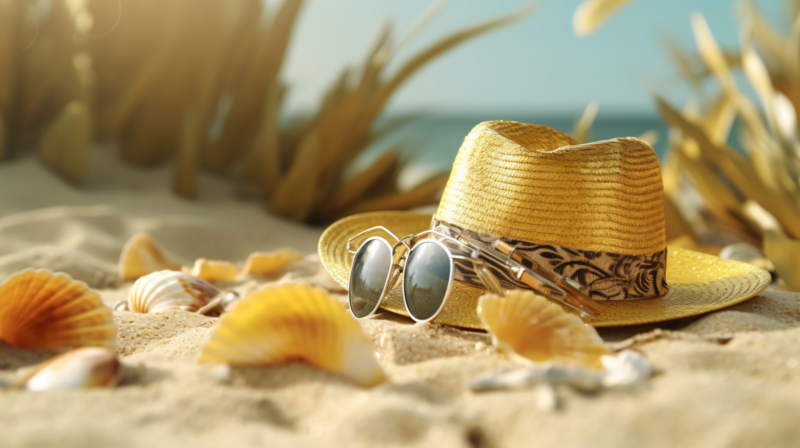 Summer hat sunglasses seashell and leaf on sandy beach 040