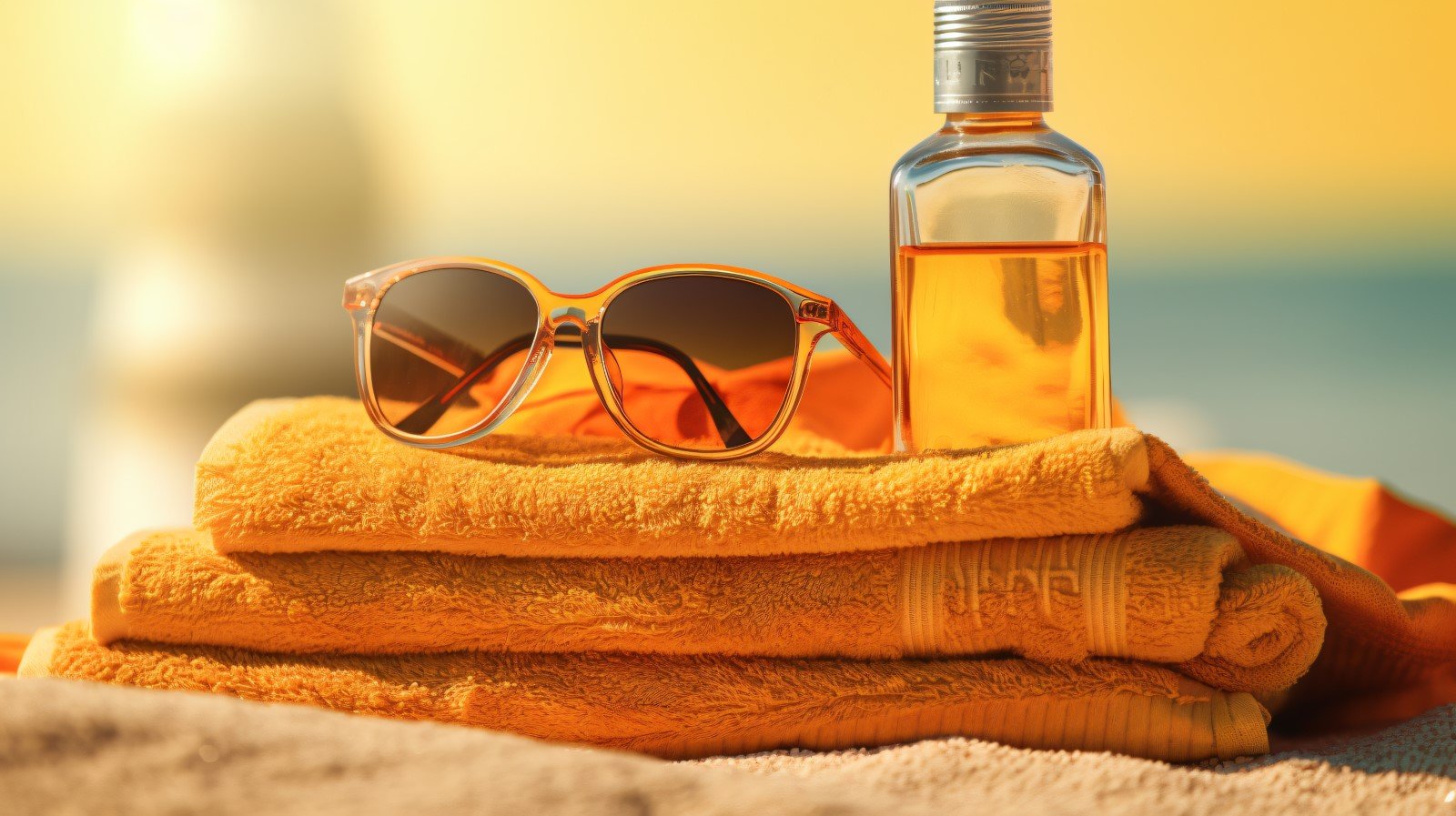 Stack of towels, sunglasses and tanning oil bottle 093