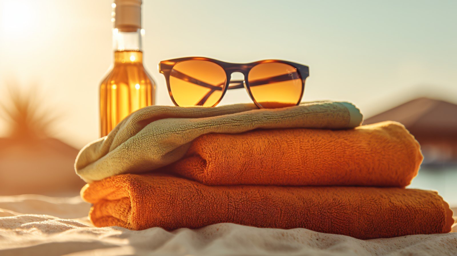 Stack of towels, sunglasses and tanning oil bottle 094