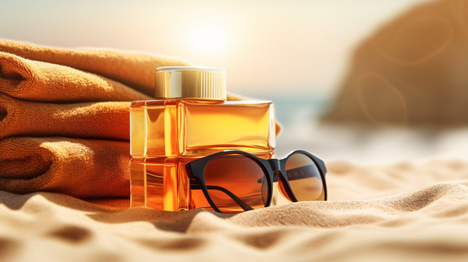 Stack of towels, sunglasses and tanning oil bottle 095