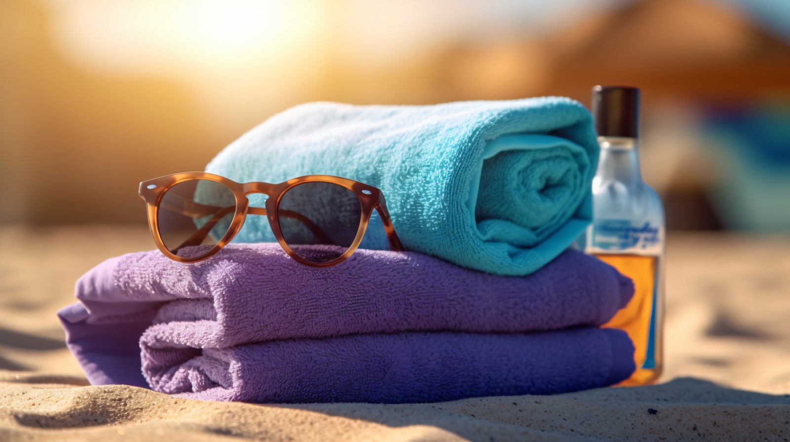 Stack of towels, sunglasses and tanning oil bottle 099