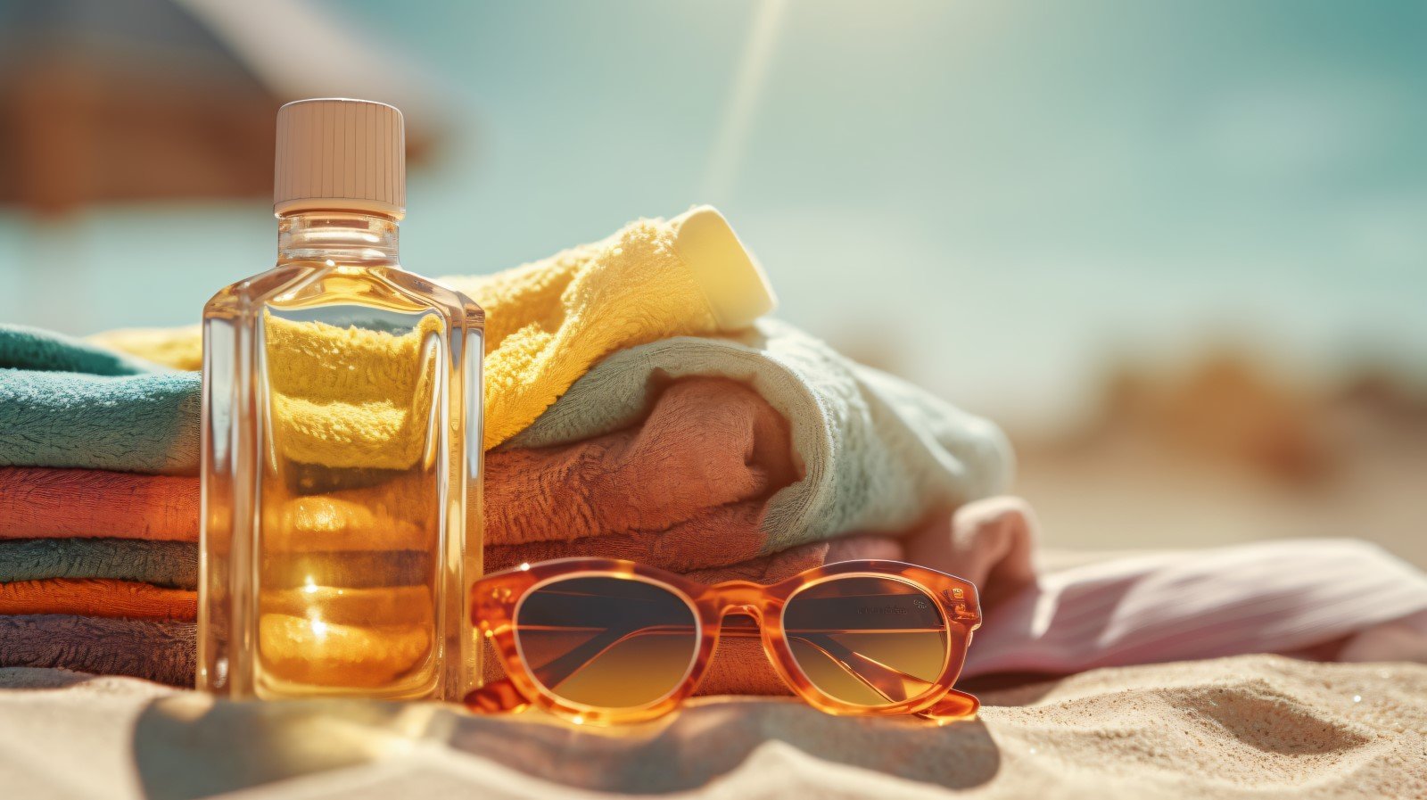 Stack of towels, sunglasses and tanning oil bottle 100