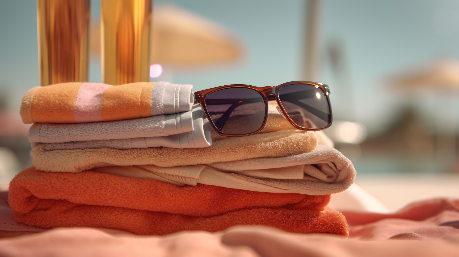 Stack of towels, sunglasses and tanning oil bottle 106