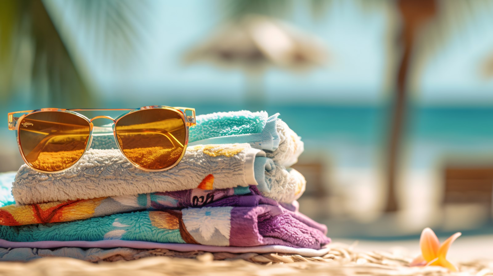 Stack of towels, sunglasses and tanning oil bottle 105