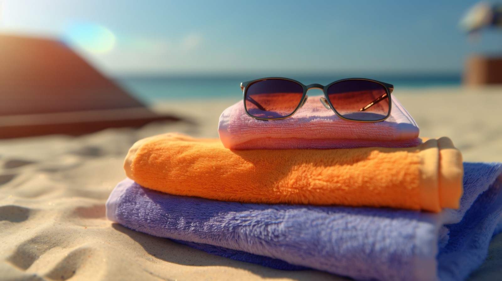 Stack of towels, sunglasses and tanning oil bottle 108