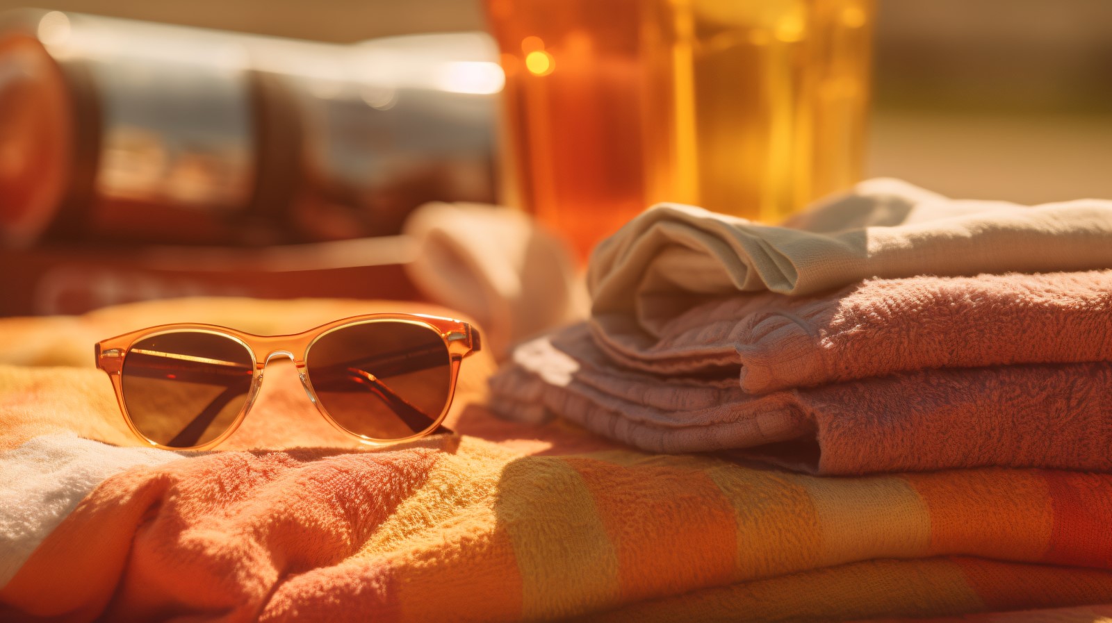 Stack of towels, sunglasses and tanning oil bottle 104