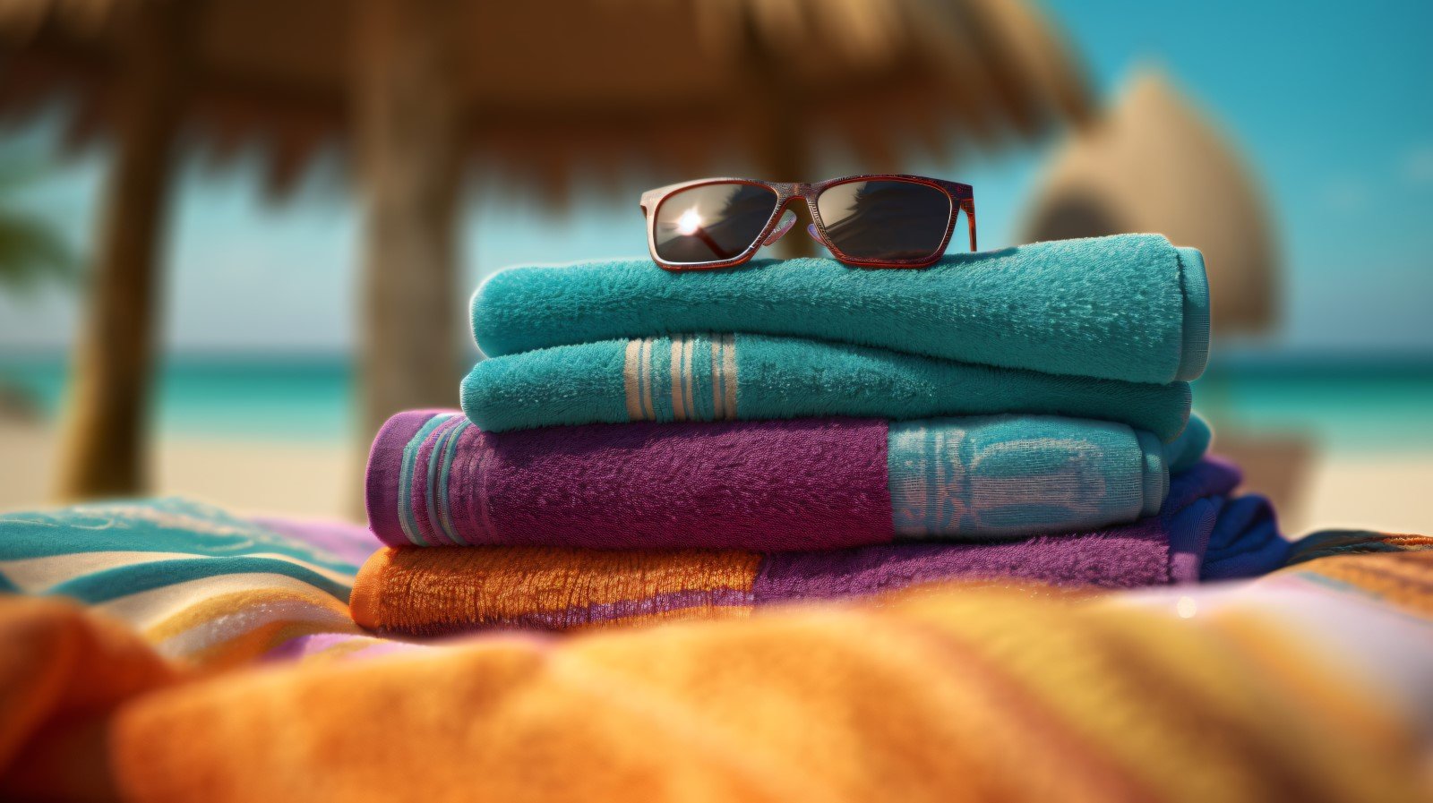 Stack of towels, sunglasses and tanning oil bottle 110