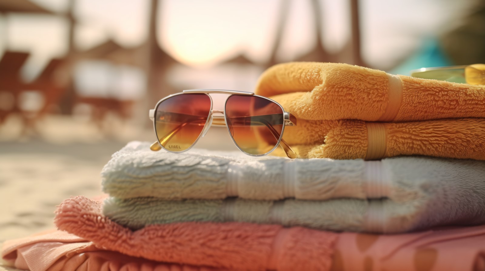 Stack of towels, sunglasses and tanning oil bottle 112