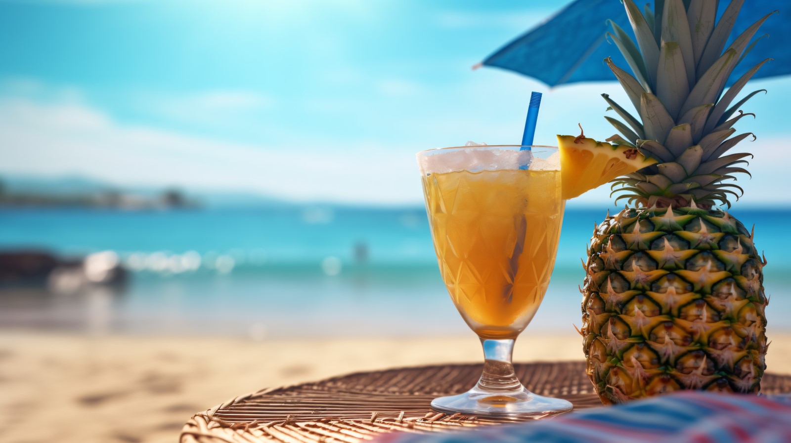 pineapple drink in cocktail glass and sand beach scene 114
