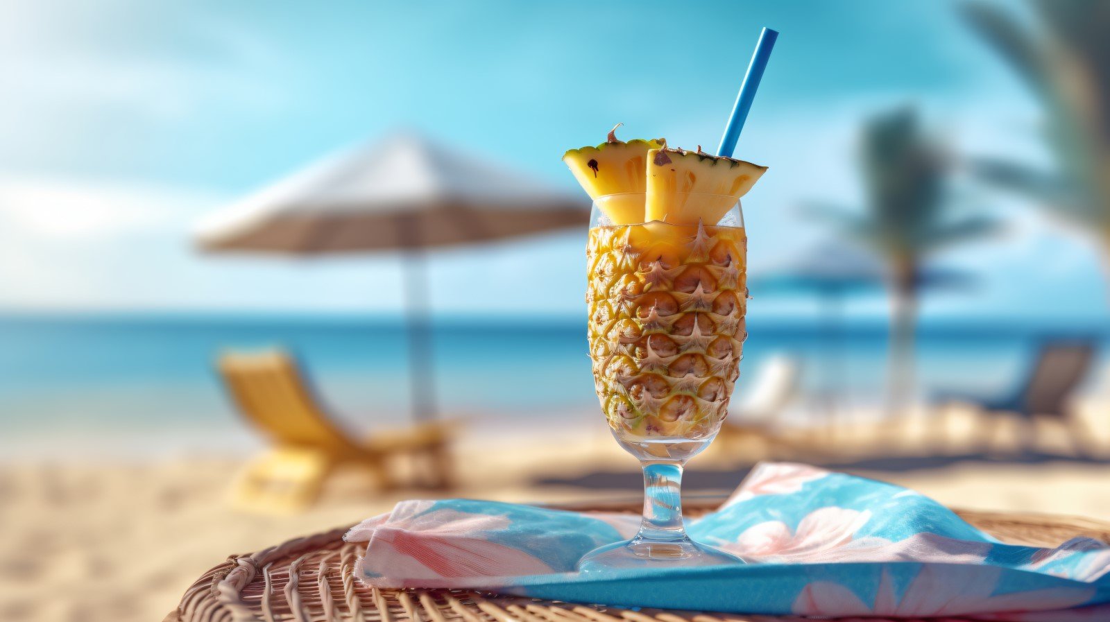 pineapple drink in cocktail glass and sand beach scene 117