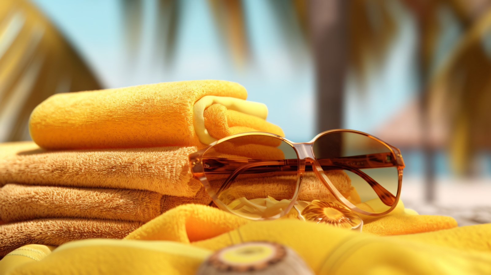 Stack of towels, sunglasses and tanning oil bottle 109