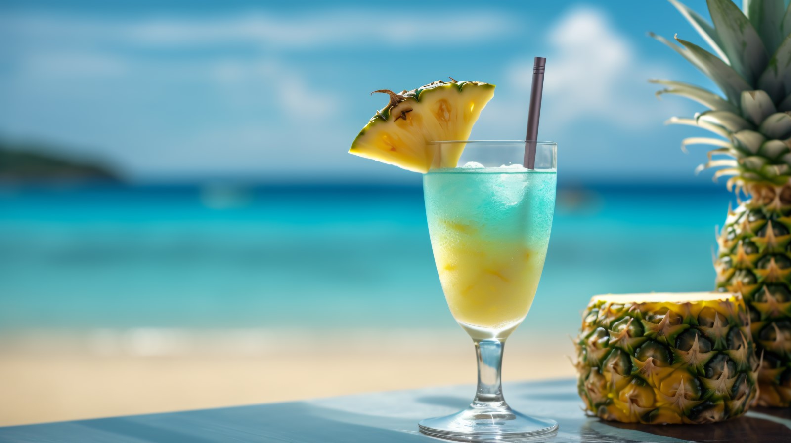 pineapple drink in cocktail glass and sand beach scene 125
